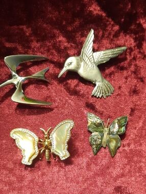 Vintage Bird & Butterfly Brooch Set - Silver & Iridescent Mother-of-Pearl